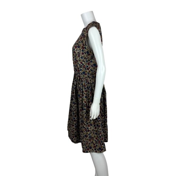 Vintage 60s Floral Dress Womens Medium Dark Groovy Print Sleeveless Fit & Flare - Picture 8 of 12